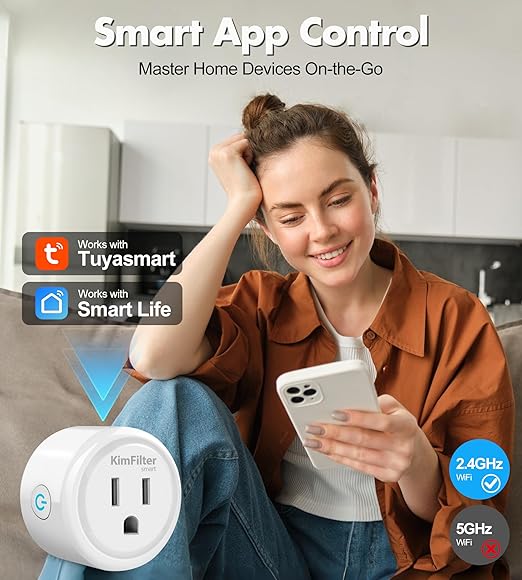 KimFilter Mini Smart Plug, WiFi Socket Works with 2.4GHz Network Only, App Controlled Outlet with Timer & Group Controller for Home, FCC Certified Smart Life Plugs Supports Alexa & Google Home