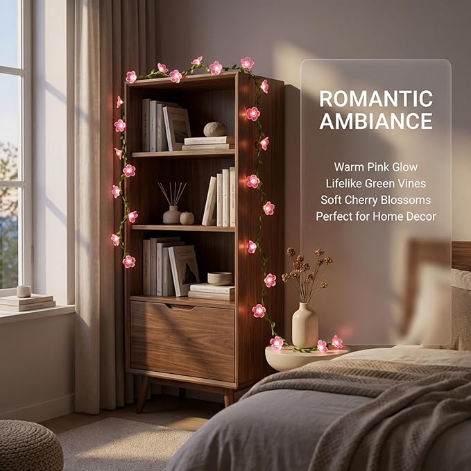 Cherry Blossom Decor Flower String Lights Vines with Fairy Lights Christmas, 30 LED Copper with Remote Control Battery Operated Pink Flower Garland Leaf for Locker,Bedroom, Wall,Christmas Decorations