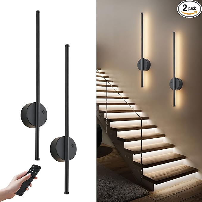 Motion Sensor Battery Operated Wall Sconce Set of Two - Modern Rechargeable Wireless Wall Lights with Remote Control, Dimmable, 3000K/4000K/6000K, Timer for Living Room, Hallway, 23.6 Inch, Black