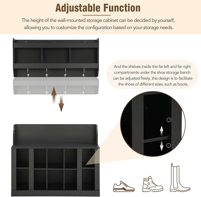Shoe Storage Bench with Shelves and 4 Hooks, Entryway Hall Tree with Shoe Cabinets with Coat Rack