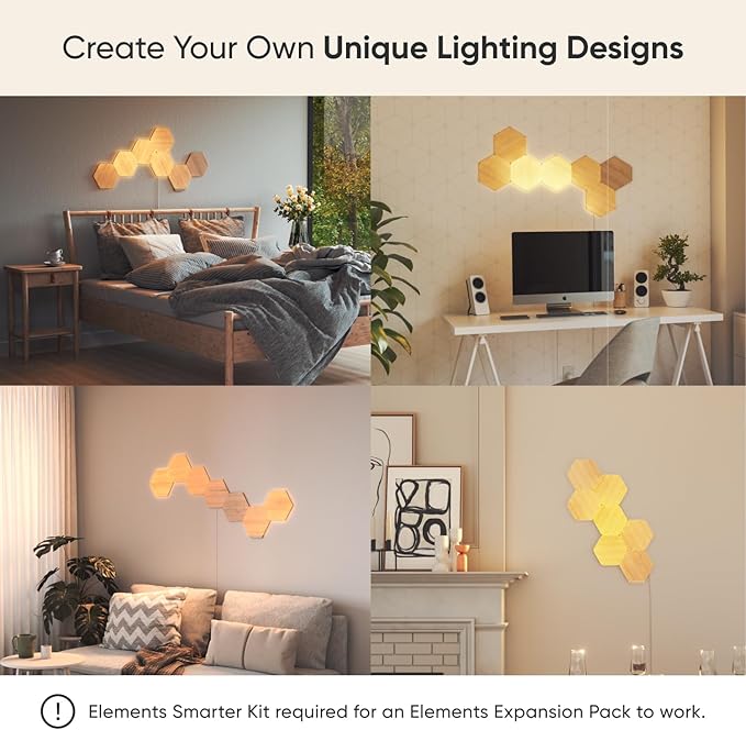 Nanoleaf Elements Wood Look Smart Wall Lights, Hexagon LED Wall Lights Work with Alexa Google Assistant, Home Wall Decor for Living Room with Music Sync, Ambient White 1500-4000K, Expansion 3 Panel