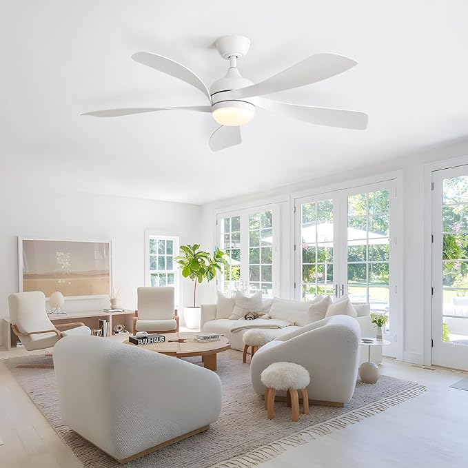 Sofucor 52" Smart Ceiling Fan, Indoor/Outdoor White Ceiling Fans with Lights and Remote, Works with Alexa/Google/App, 3-Color Light 6-Speed Timing Reversible DC Motor for Bedroom Living Room Patio