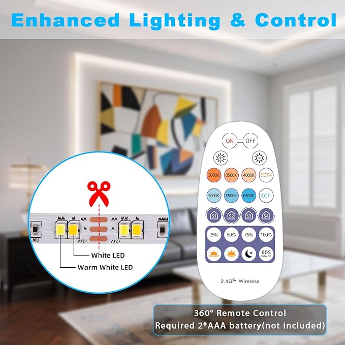 White LED Strip Lights 3000K-6500K 23ft Dimmable, Smart Strip Light Alexa Compatible, 24V WiFi Flexible Tape LED with APP & RF Remote, Cabinet Lighting Self-Adhesive for Room, Kitchen