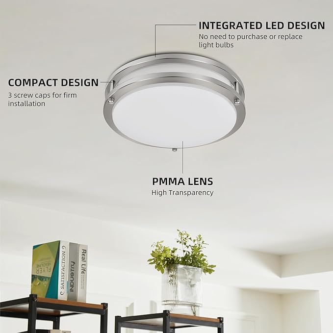 hykolity 16 inch Dimmable LED Flush Mount Ceiling Light Fixture, Brushed Nickel, 36W, 2200LM, 2.7/3/3.5/4K/5K Adjustbale, 120°Light Angle, CRI90, Ceiling Lamp for Bedroom, Kitchen, Office, ETL Listed