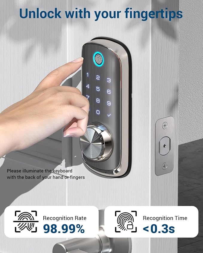 WiFi Smart Door Lock - TEEHO Fingerprint Keyless Entry Lock for Front Door - Built in Wi-Fi Smart Deadbolt - APP Remote Control - IP65 Weatherproof - ANSI Grade 2 - Bright Nickel