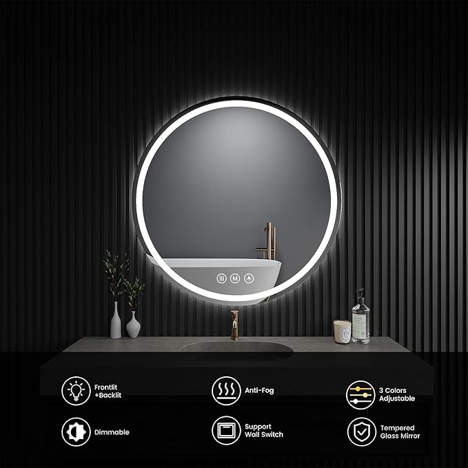 LED Bathroom Mirror 20 Inch Round Bathroom Mirror with Lights, Circle LED Mirror, Wall Mounted Lighted Bathroom with 3 Colors Brightness, Anti-Fog, Dimmable, Shatter-Proof