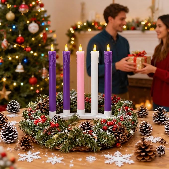 Lezonic Flameless Advent Candles Battery Operated with Remote, Set of 5 Wax Christmas Taper Nativity Candles, LED Advent Wreath Candles for Church Home Christian Decor, 3 Purple & 1 Pink & 1 White