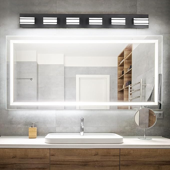 3 Color Temperature Dimmable Vanity Lights for Bathroom, Black 6 Light Vanity Light Fixtures, Acrylic Stainless Steel Square Shade Light Fixtures for Bathroom Above Mirror, ETL Certificated