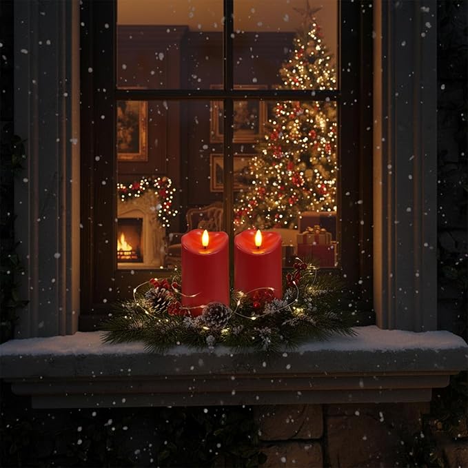 Homemory Burgundy Flameless Candles, Waterproof Flickering Candles, Outdoor Battery Operated LED Pillar Candles with Remote Timer, Electric Fake Plastic Candles, Red, Christmas Decor, 3" x 6"