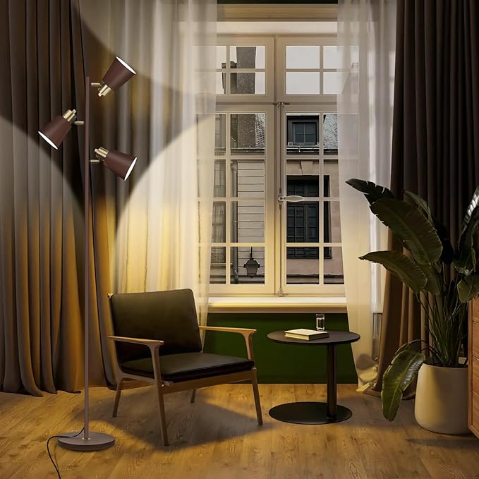 Tree Floor Lamp for Living Room, Industrial 3-Light Standing Lamp with 3 LED Bulbs, Adjustable Rotation Heads, Standing Tall Pole Lamp Farmhouse Rustic Reading Lamps for Bedroom Office (Brown)