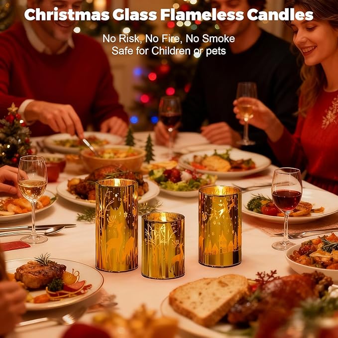 Wondise Christmas Gold Reindeer LED Flameless Candles with Remote Timer, Electroplate Glass Battery Operated Real Wax Flickering 3D Wick Pillar Candles for Christmas Holiday Home Decoration