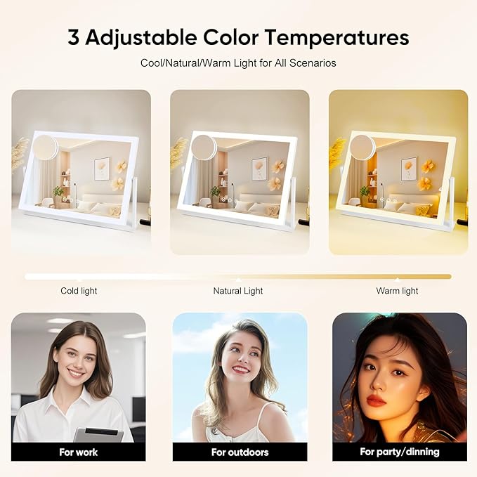 Vanity Mirror with LED Lights, 16.4x12.2 Inch Makeup Mirror, 3-Color Dimmable Touch Screen, 5X Magnification, 360° Rotation, White Large Tabletop Mirror for Bedroom Vanity
