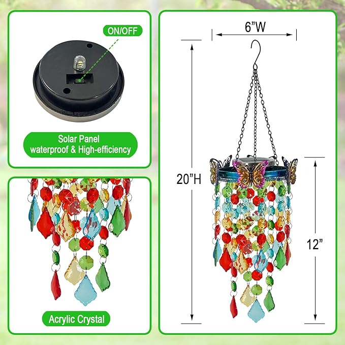 Hanging Solar Lanterns Outdoor Chandelier,Colorful Metal Butterfly with Acrylic Crystal Wind Chimes for Outside,Solar Lights Color Changing LED Outdoor Decorative for Paito,Porch,Yard