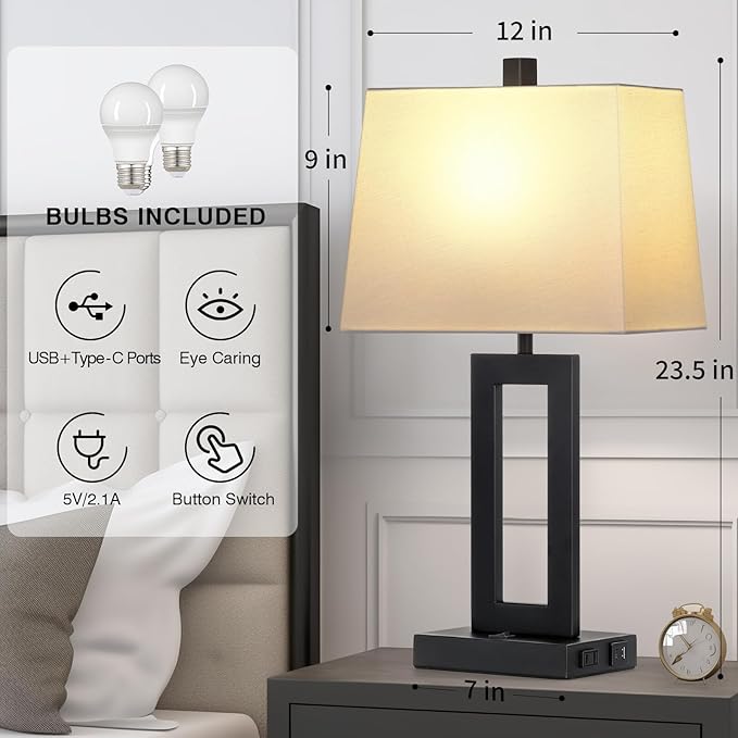 Table Lamp Set of 2 with USB C+A Ports & AC Outlet, Bedside Lamps, Modern Bedroom Lamps, Black Lamps for Bedroom Living Room,Nightstand Lamp（Push Button Swich/NO dimming
