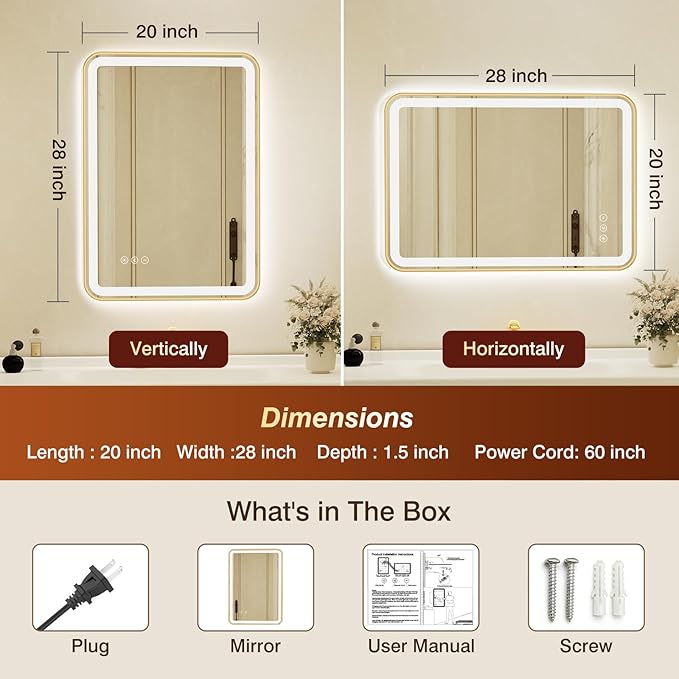 20x28 Inch Gold Framed LED Bathroom Mirror with Lights, Built-in Bluetooth Speaker, Dimmable Lighted Bathroom Vanity Mirror with 3 Colors, Backlit + Frontlit, Memory, Anti-Fog