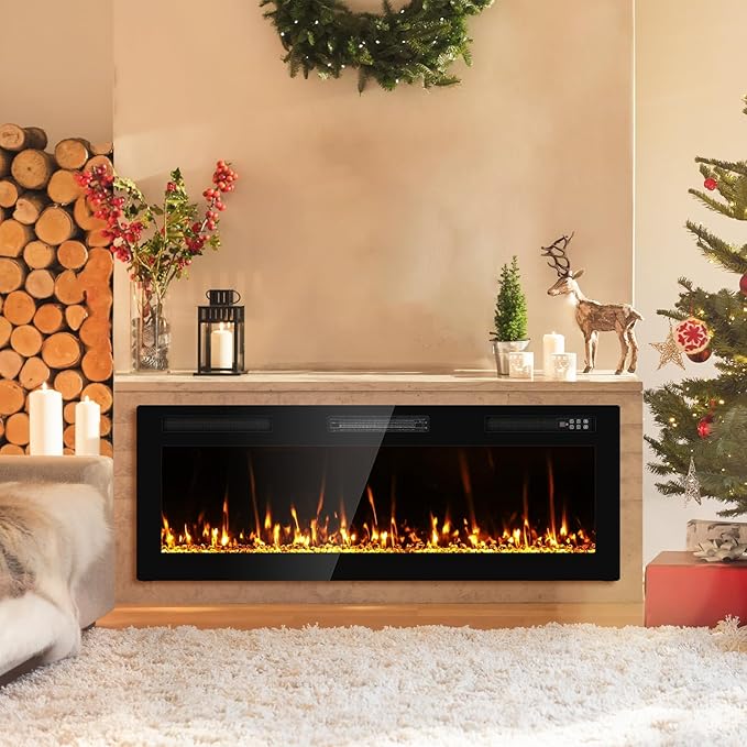 2025Upgraded 50” Electric Fireplace Recessed and Wall Mounted Fire Places Ultra Thin Narrow Beleze with Remote Control, Screen Control, Adjustable Flame Colors and Speed