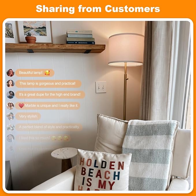 【Upgraded】Dimmable Gold Floor Lamps for Living Room, 11W LED Bulb Included, Modern Standing Lamp with Marble Base, Tall Pole Light with White Linen Shade for Bedroom Reading Office Corner Nursery