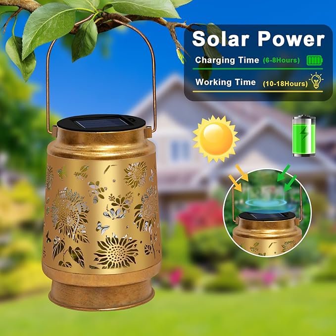 Solar Lanterns Outdoor Waterproof Hanging Solar Lights, Sunflower Garden Decor, Hanging Metal Garden Lights for Yard Patio Lawn Landscape, Birthday Gifts for Women Mom,Grandma Christmas Gifts