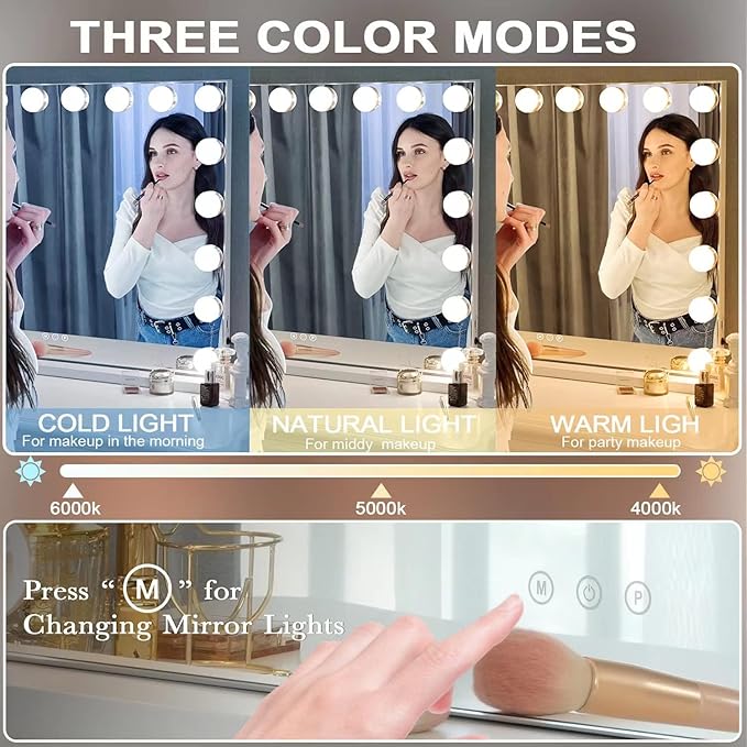 Kottova Vanity Mirror with Lights, Lighted Makeup Mirror with 18 Dimmable LED Bulbs, Hollywood Mirror, 3 Color Lightings, USB Charging Port Touch Control, Metal Frame（27.5" x 21.6"）