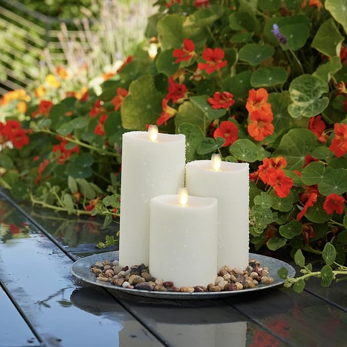 Luminara Outdoor Flameless LED Ivory Candle Melted Edge 3.75" x 9" Real Moving Flame Battery Operated Timer Plastic Weather-Resistant