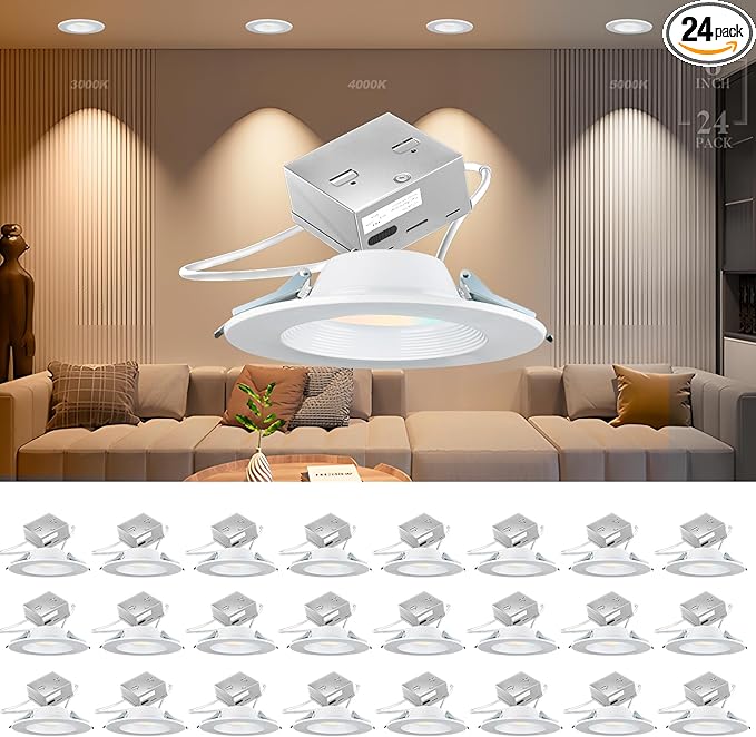 Lightdot 6 Inch Recessed Lighting 24 Pack White, 12W Dimmable LED Downlight 3CCT Selectable (3000K/4000K/5000K), Anti-Glare Slim Canless Ceiling Light