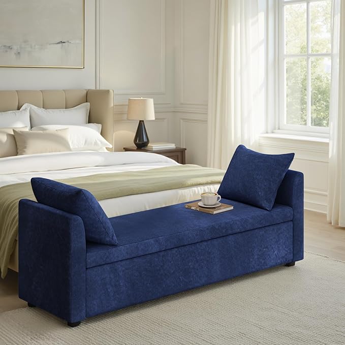 59.5" Modern Storage Ottoman Bedroom Bench, End of Bed Bench with Arms and Throw Pillows, Footrest Stool for Living, Dining Room, Entryway and Hallway, Navy