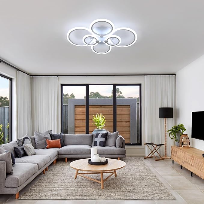 DELIPOP Modern Ceiling Light, White 6 Rings Flush Mount Ceiling Light, 31 Inch 6500K Cool White Led Chandelier Lighting for Bedroom, Living Room, Kitchen, Dining Room