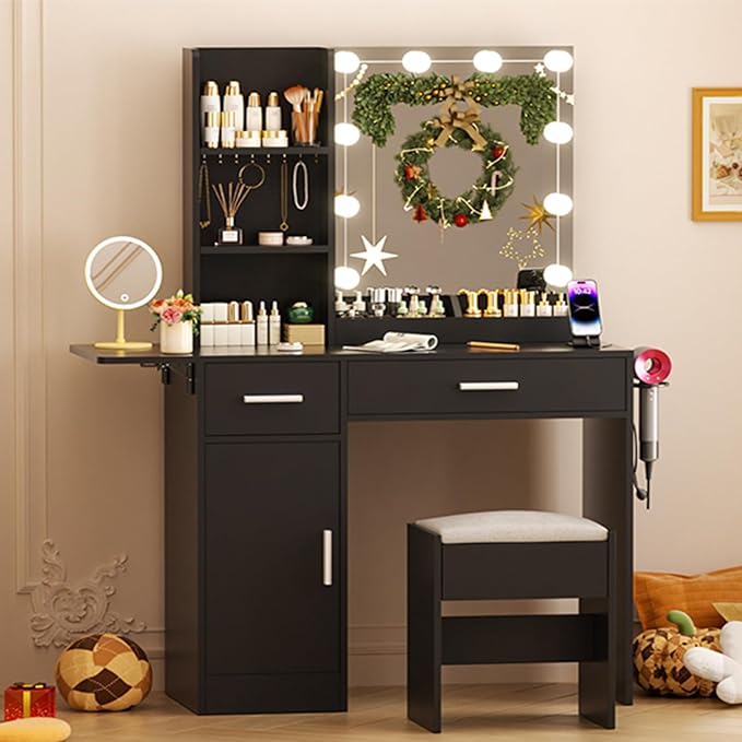 Vanity Desk with Mirror and Lights, 43.3" Makeup Desk with Stool and Power Outlet, 5 Drawers and Open Shelves Make Up Table for Bedroom, Black
