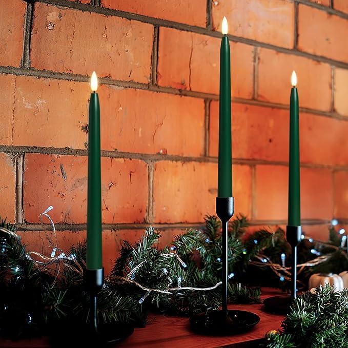 Green Flameless Taper Candles with Remote Control - 11 Inch LED Candlesticks Battery Operated, Realistic 3D Flame with Wick, Timer, Christmas Decor - Set of 6