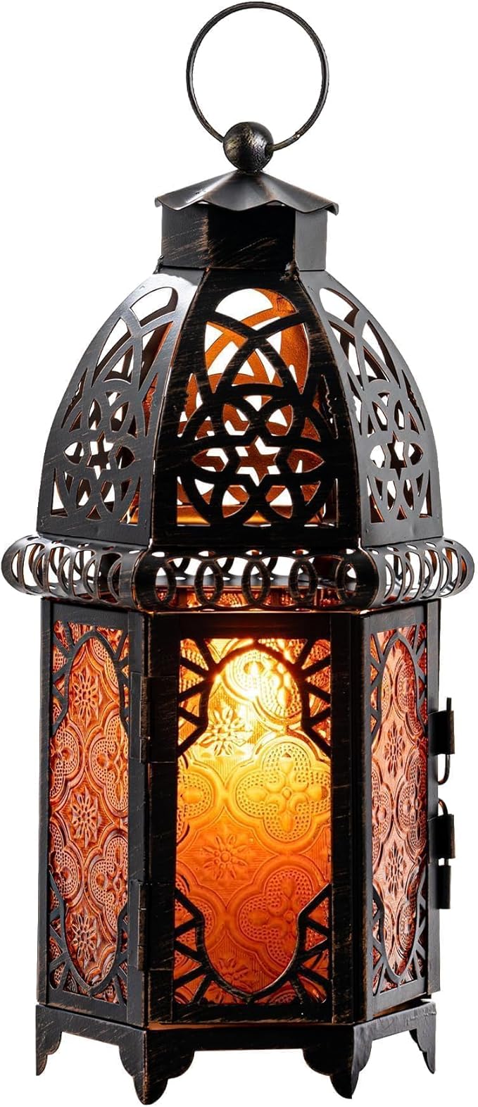 DECORKEY Vintage Large Size Decorative Ramadan Candle Lantern, 12.8’’ Metal Hanging&Tabletop Moroccan Lantern Candle Holder Decor, Halloween Christmas Decorations for Home Indoor Outdoor Patio (Amber)