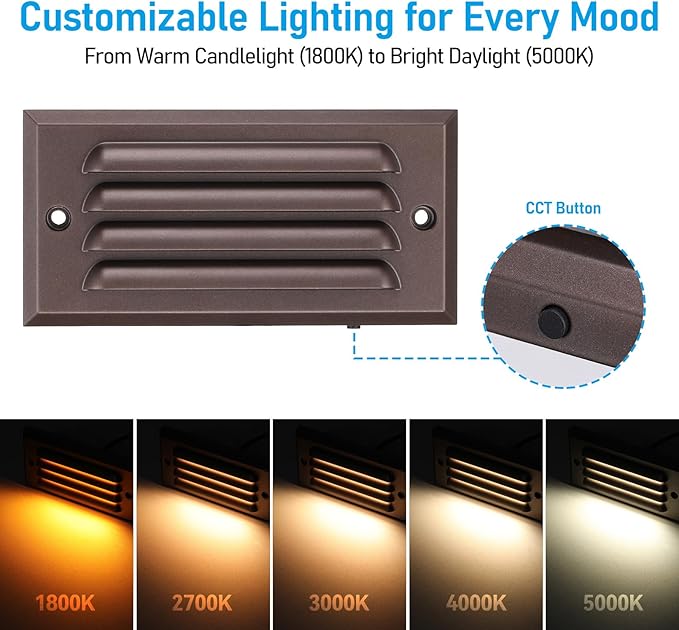 LEONLITE 5CCT Low Voltage LED Step Lights, 5W 12–24V AC/DC Horizontal Louvered Stair Lights Outdoor, IP65 Waterproof, ETL, 1800K/2700K/3000K/4000K/5000K, Aluminum, Oil Rubbed Bronze, Pack of 6