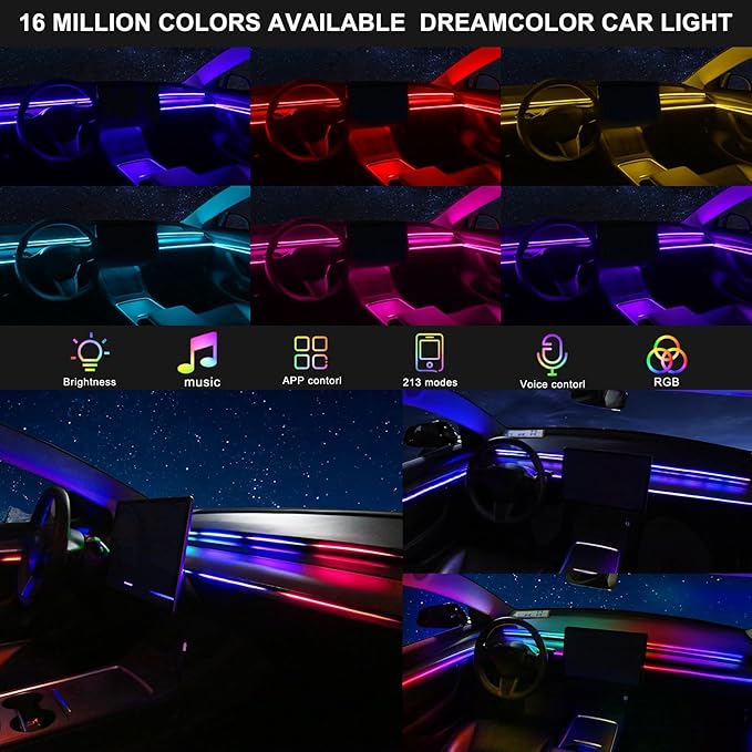 Dreamcolor Acrylic Interior Car LED Strip Light with USB/Type C, RGB 2 in 1 with 86.6 inches LED Strip, Dynamic Chasing Music Sync Neon Ambient Lighting Kits