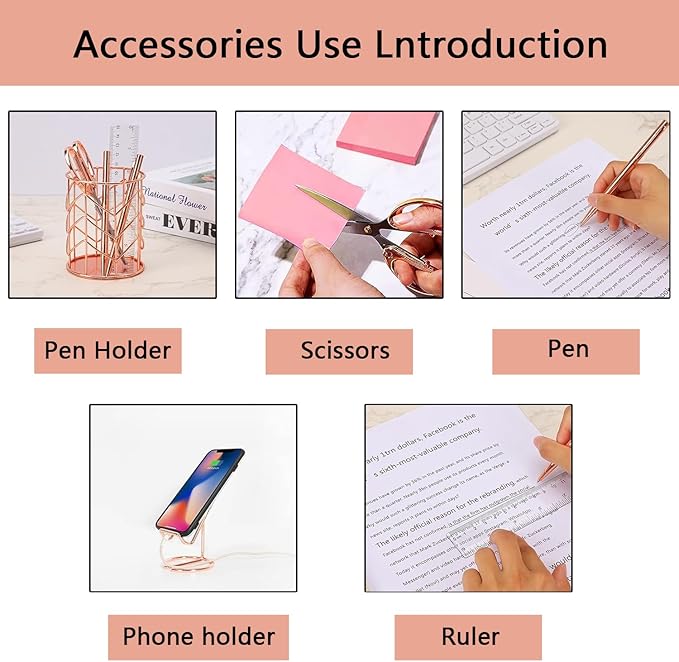 suniya Office Supplies,Desk Accessories,with Stapler,Tape Dispenser,Pen Holder Cup for Desk,Staple Remover,Scissor,Ballpoint Pen,Clear Tape, Staples,Phone Stand,Ruler,Binder,Best Gift Set(Rose Gold)