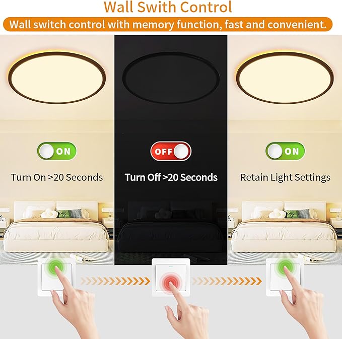 Flush Mount Ceiling Light with Night Light, 19in LED Ceiling Lights with Remote Control, 1800K Nightlights & 3000-6500K Dimmable Lamp Fixture, 45W 4500LM Low Profile for Bedroom, Black