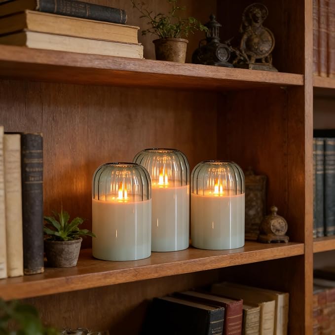 Green Flameless Battery Operated Candles with Remote, Set of 5 Glass Jar LED Candles with Dancing Flame, Flickering Electric Candlelight for Home Wedding Party Decor H4”5”5”6" 6”
