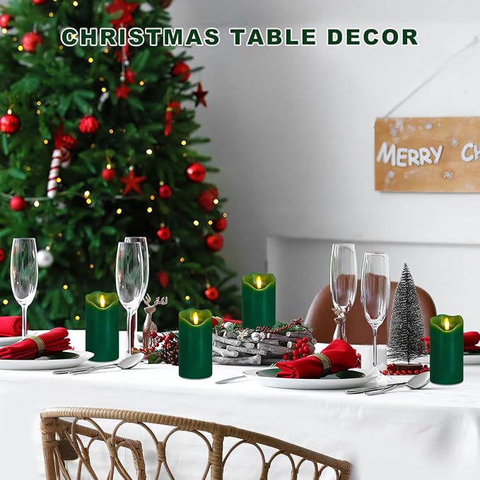 VEEKI Flameless Candles Light, Set of 2 6"x3" Flickering Christmas Flameless Candles with Remote & Timer, Dimmable Real Wax Pillar Candles Battery Operated, Green Candles for Home Xmas Decor (Green)