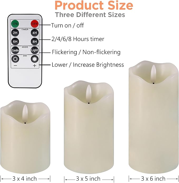 Flickering Flameless Candles with Remote and Timer, Realistic LED Candles, Battery Operated Candles for Christmas Home Wedding Birthday Decoration, Real Wax Set of 3(Ivory White)