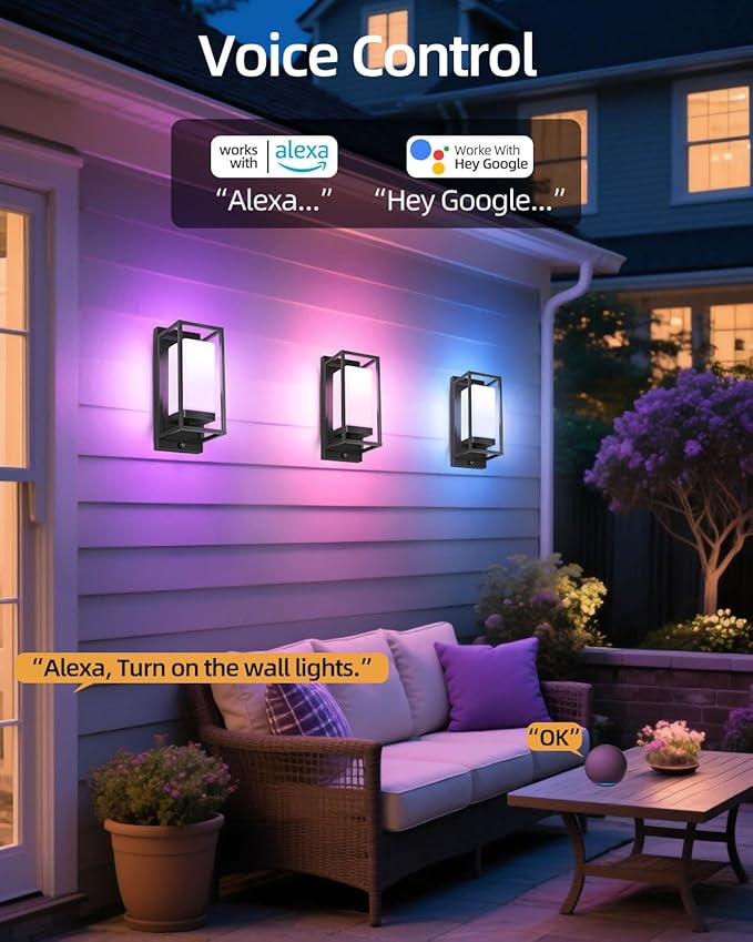 RAYVO Smart Outdoor Wall Light, RGB Color Changing Sconce with App & Voice Control, Dusk to Dawn Outdoor Lighting, Adjustable 2700K–6500K, Waterproof Exterior Light Fixture for House Porch Garage