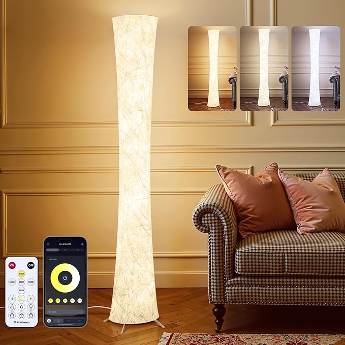 WORLD WIN LED 3 Color Temperature Floor Lamp for Living Room, 61'' Modern Floor Lamp with with Foot Switch, APP & Remote Control, Timer Setting, Dimmable Standing Corner Lamp for Bedroom, Office
