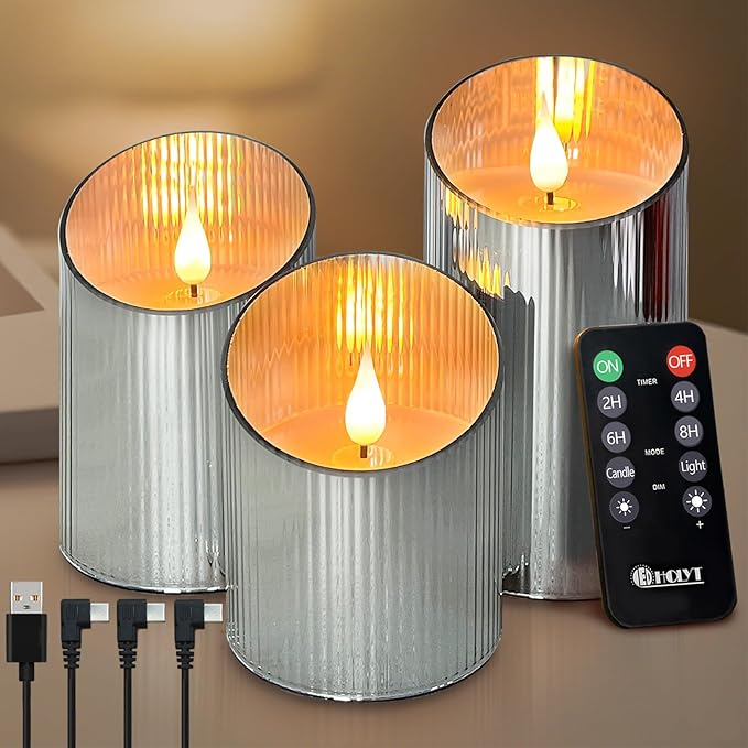 Rechargeable Flameless Candle, Flickering LED Pillar Glass Fake Candle with Remote and Timer, Built-in Battery Real Wax Electronic Candle for Room Decoration, Set of 3