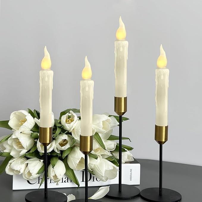 Ivory White Flameless Short Taper Candles, Real Wax Hand Dipped LED Battery Operated with Remote, Flickering Flame Lights for Festival Home Décor, 6.7 Inch Primitive Flameless Candles, 4PCS