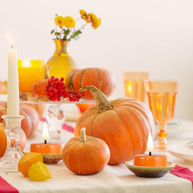 Eywamage Orange Flameless Tealights with Remote Batteries, LED Tea Votive Candles Real Wax Flickering Set of 10