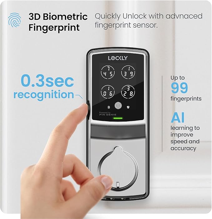 Lockly Secure Pro Wi-Fi Smart Door Lock, Keyless Entry with PIN Genie® Digital Keypad, 3D Biometric Fingerprint Sensor Front Door Lock Deadbolt, Voice Control & Auto Lock - Left Fingerprint Edition