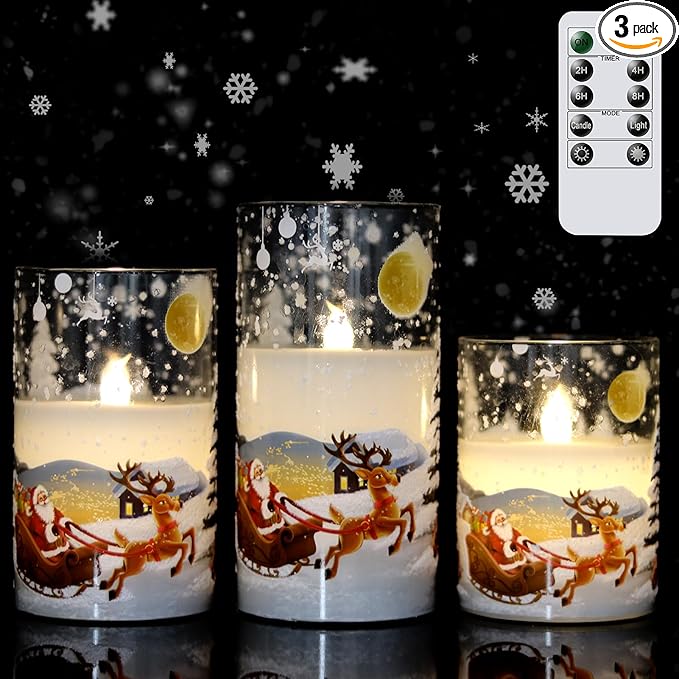 Wondise Santa Claus Glass Flameless Candles Remote and Timer, Battery Operated Real Wax LED Flickering Pillar Candles White Cold Light Window Christmas Holiday Decor D3 x H4, 5", 6"