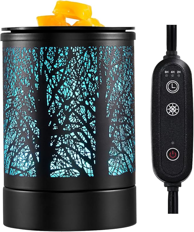 Fragrance Wax Melts Warmer with 7 Colors LED Changing Light Classic Black Forest Design Scent Oil Candle Warmer for Home Black Tree Timer