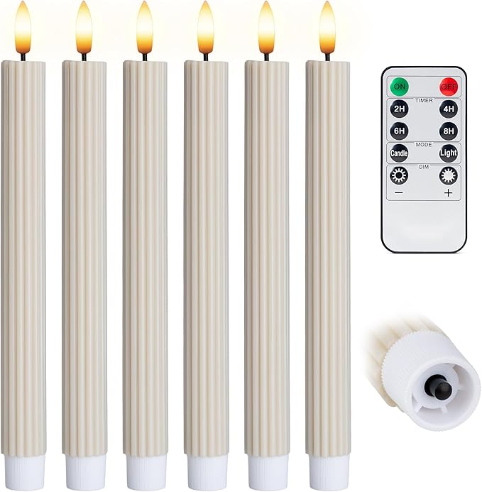 6 Pack, 10" LED Flameless Cream Beige Fluted Ribbed Grooved Taper Candles, Remote & 24h Timer Memory, On/Off Button, Dimmable, Flicker Mode, Battery Operated, Christmas Menorah Wedding