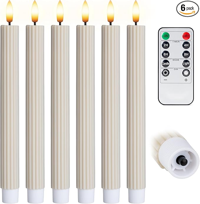 WYZworks 10" Fluted Ribbed LED Cream Beige Grooved Pillar Candles, Remote & 24h Timer Memory, On/Off Switch - Flameless Dimmable Battery Operated w/Flicker Mode, Home Wedding Decor (6 Pack)
