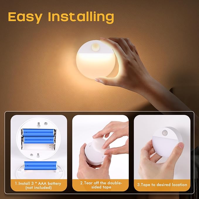 3 Pack Motion Sensor Stair Light for Indoor, Battery Operated Closet Lights, Led Stick On Puck Lighting Night Lamp, Motion Activated Lamps for Step, Cabinet, Hallway, Bathroom