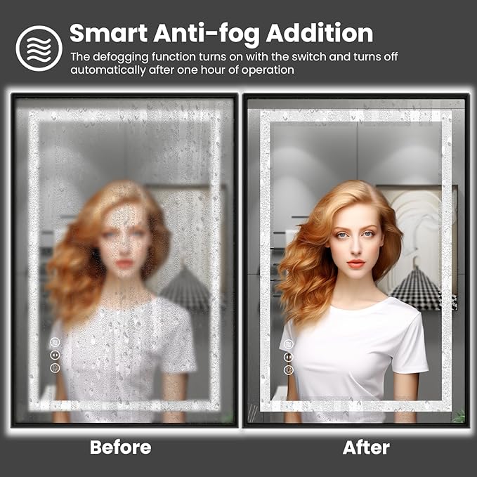 Amorho 28"X36" LED Bathroom Mirror with Black Frame, Front Light and Backlit, Stepless Dimmable, Anti-Fog, Shatter-Proof, Memory, 3 Colors, Double LED Vanity Mirror