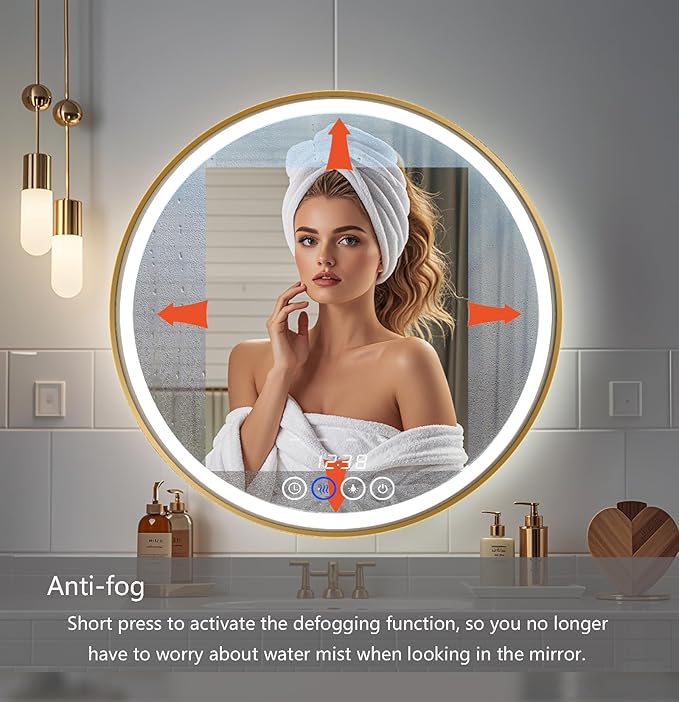 Wall-Mounted Round Bathroom Mirror with LED-Lights - Frame Vanity Mirrors (28" x 28", Gold)
